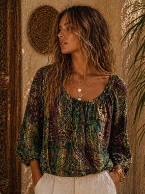 Neiman Marcus Silk Blend Boho Blouse L Multicolor Print Side Tie Lightweight